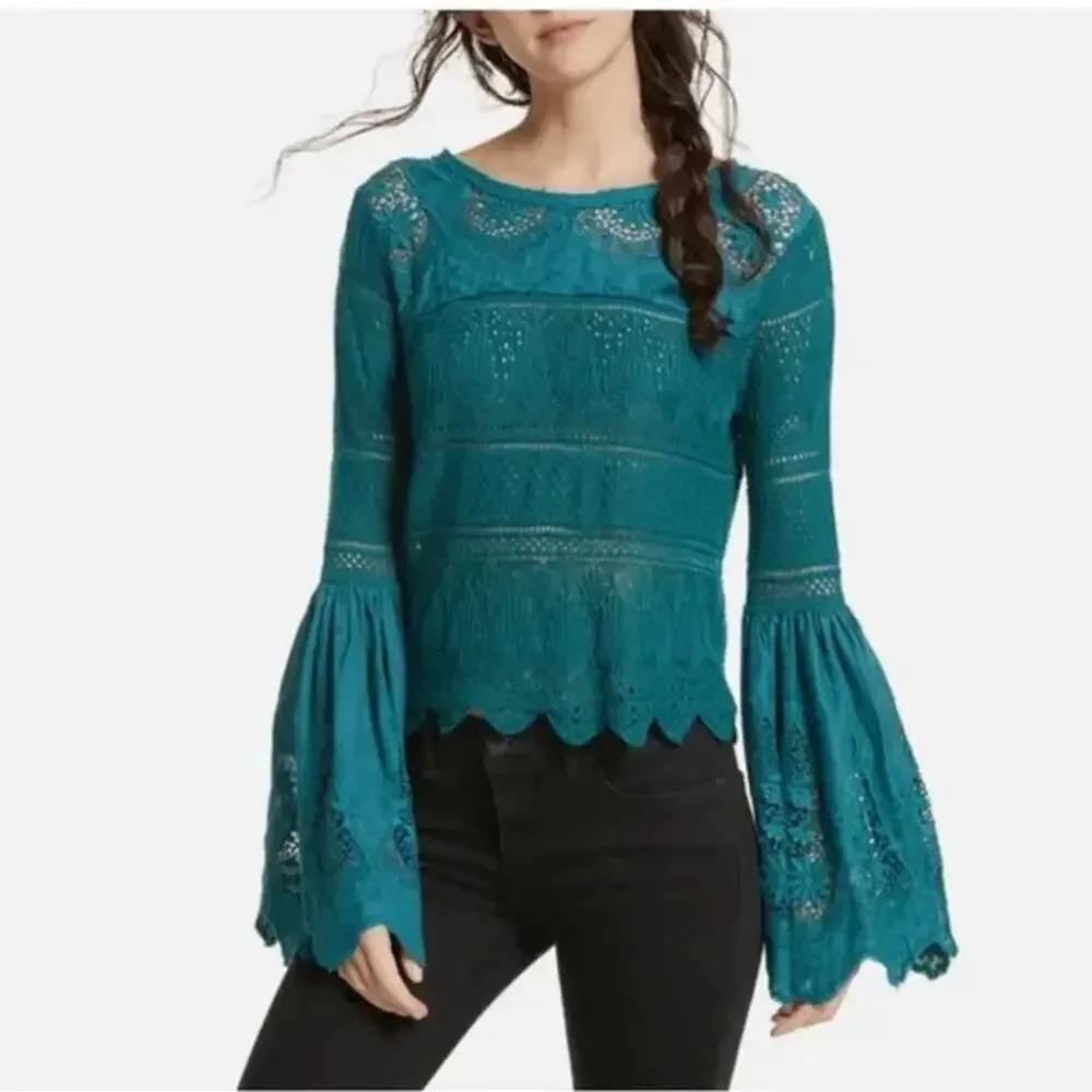 FREE PEOPLE Once Upon A Time Blouse Dark Turquoise Size Small Bell Sleeves